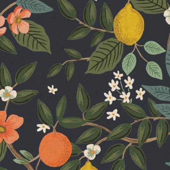 Bramble, Citrus Grove,  Navy Unbleached Canvas Fabric, By Rifle Paper Co, Cotton + Steel, RJR, RP900-NY6UC, sold by the 1/2 yard or the yard