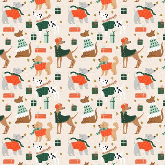 Merry Pawmas, Dapper Dogs, Cream Metallic Fabric, DG201-CR2M , Cotton+Steel, sold by the yard