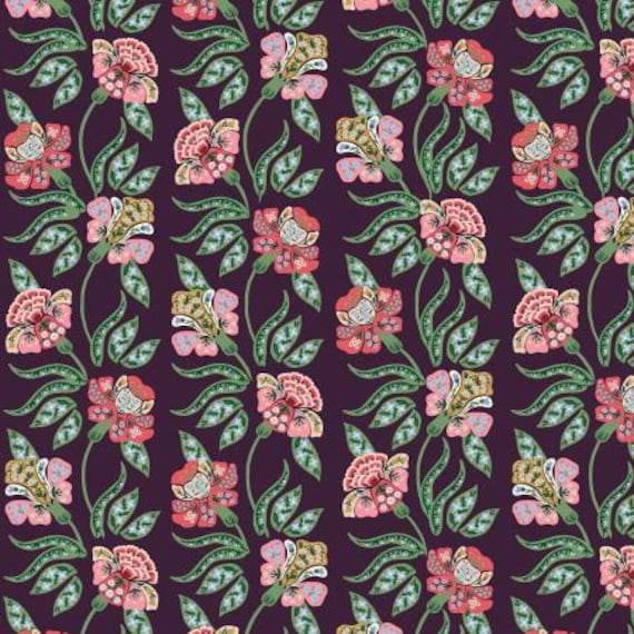 Dahlia, RP1608-AU3 Dahlia, Posy, Aubergine Fabric, Rifle Paper Co, Cotton+Steel, sold by the yard