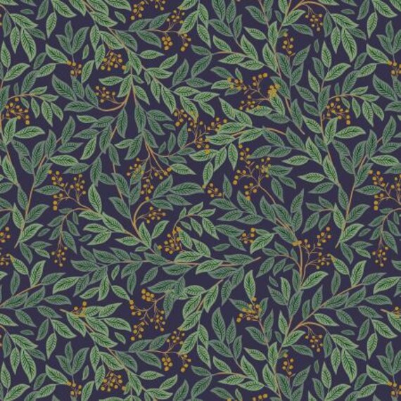 Holiday Classics III, RP619-EV1,  Willowberry, Navy Metallic Fabric, Rifle Paper Co. Cotton + Steel, Sold by the 1/2 yard or the yard