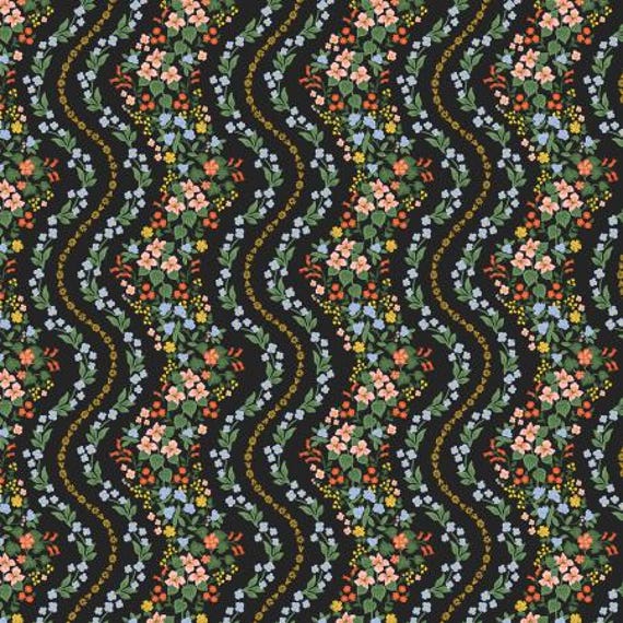 Dahlia, RP1603-BK1M, Wildwood Vines, Black Metallic Fabric, Rifle Paper Co, Cotton+Steel, sold by the yard