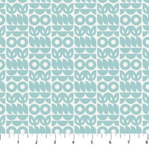 May include: A repeating pattern of teal blue circles, half circles, and leaf shapes on a white background.