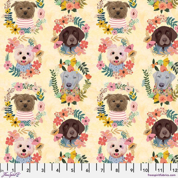 Floral Pets, Puppy Wreaths, in Yellow, By Mia Charro, for FreeSpirit Fabrics, sold by the 1/2 yard or the yard