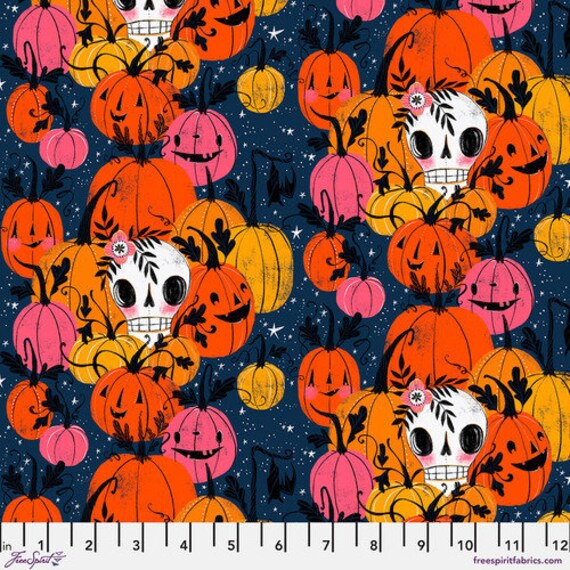 Pretty Creepy, Pumpkin Patch, in Navy, By Cori Dantini for FreeSpirit , sold by the 1/2 yard or the yard