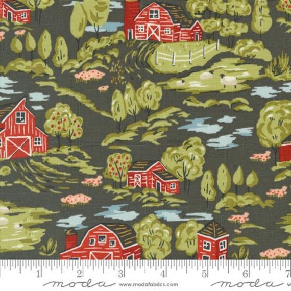 Farmstead, Vintage Farm Scene Landscape, in Charcoal, 20901 15 Moda sold by the 1/2 yard or the yard