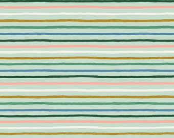 May include: A seamless pattern of horizontal stripes in various shades of green, blue, pink, and gold. The stripes are hand-drawn and have a slightly textured appearance.