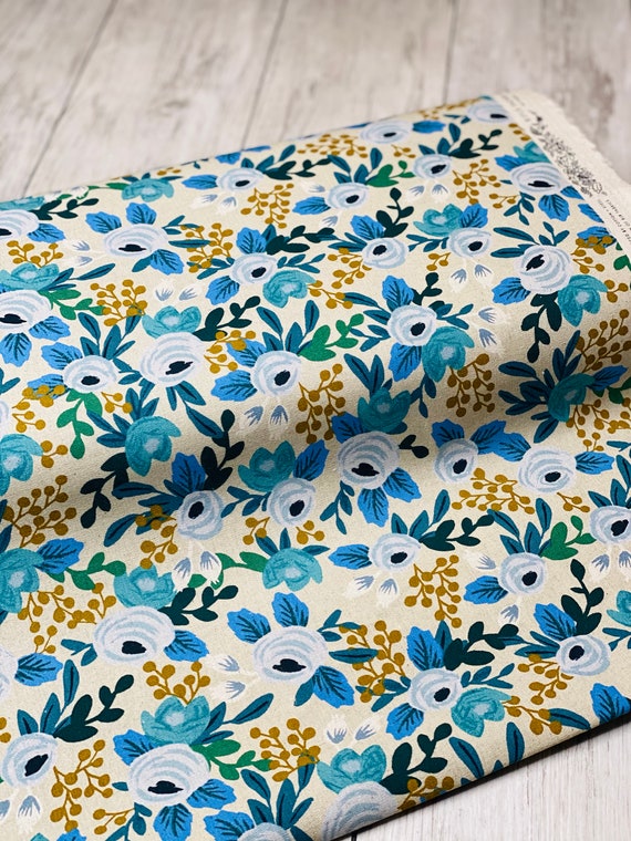 Garden Party- Rosa- Blue Unbleached CANVAS Fabric-RP521-BL1UC- Rifle Paper Co-Cotton and Steel/RJR- Sold by the 1/2 yard or the yard