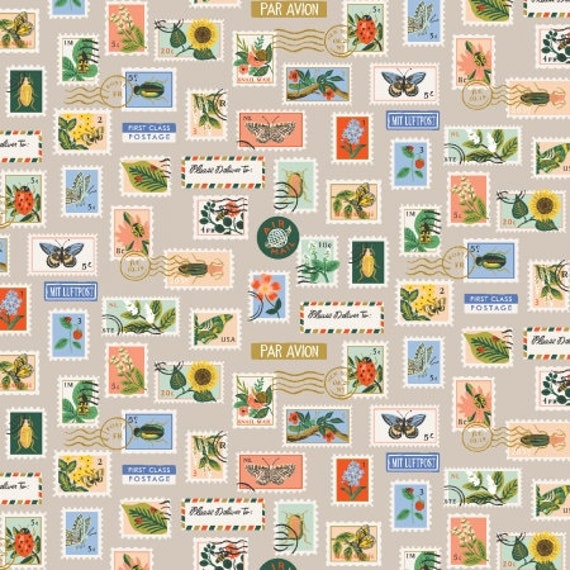 Curio, Botanical Postage Stamps, Khaki Metallic Fabric, RP1104-KH1M, By Rifle Paper Co, for Cotton+Steel, sold by the 1/2 yard or the yard