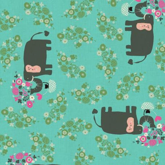 NM102-TU2U Kawaii Nakama - I Heart Elephants - Turquoise Unbleached Fabric- Cotton and Steel- RJR- Sold by the half-yard cut continuous