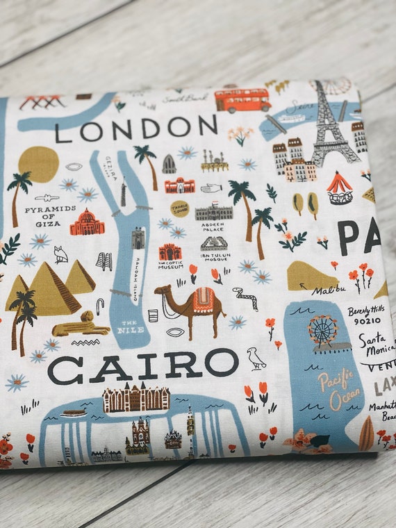 Bon Voyage, City Guide, White Cotton Fabric, RP801-WH1 , By Rifle Paper Co, For Cotton + Steel, Sold by the 1/2 yard or the yard