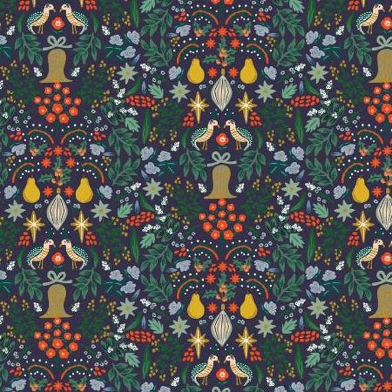 Holiday Classics, Partridge, Navy Metallic Fabric, RP600-NA31M, By Rifle Paper Co, for Cotton and Steel, sold by the 1/2 yard or the yard