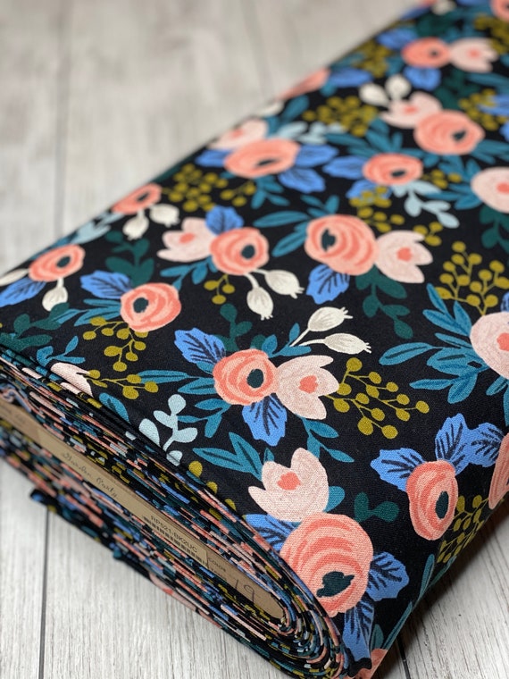 Garden Party - Rosa - Black Unbleached CANVAS Fabric- RP521-BK2UC- Rifle Paper Co-Cotton and Steel/RJR- Sold by the 1/2 yard or the yard