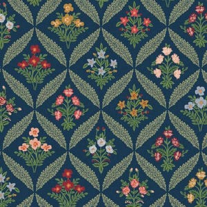 May include: A repeating pattern of colorful floral bouquets set against a dark blue background. Each bouquet features a variety of flowers in shades of red, yellow, pink, and white, surrounded by green foliage and set within a diamond-shaped design.