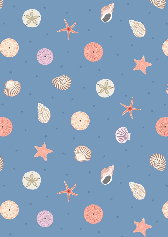 Lewis & Irene, Small Things Coastal- Seashells on Blue Sand, Quilting Cotton, sold by the 1/2 yard or the yard