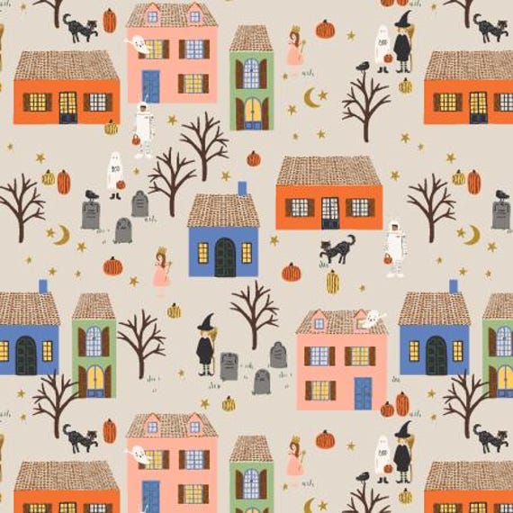 Halloween II- Halloween Night - Linen & Metallic Gold Metallic Fabric, RP1307-LM1M, By Rifle Paper Co, Cotton+Steel, sold by the yard