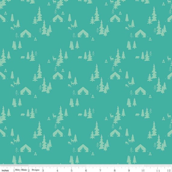 Glamp Camp Tent Pines Teal,  C12352-TEAL, By My Mind's Eye, for Riley Blake Designs, sold by the 1/2 yard or the yard
