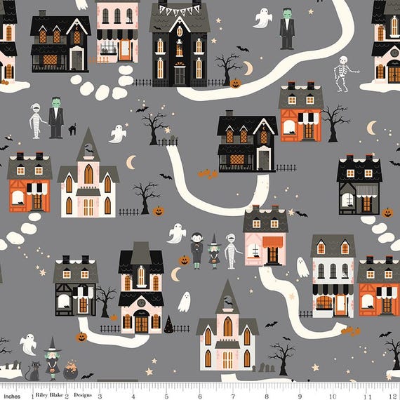 Frank and Friends Houses, in Gray, by My Mind's Eye, Riley Blake designs, sold by the yard