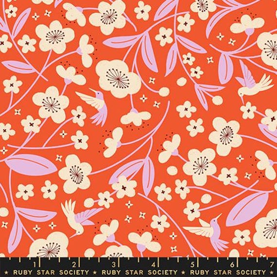 Persimmon, Persimmon Blossoms Florals Hummingbird, in Warm Red, By Rashida Coleman Hale, RS1121 12,  Ruby Star Society, sold by the yard