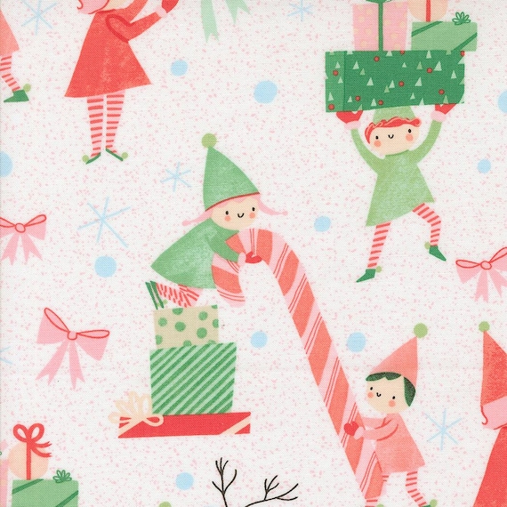 Tiny Christmas, Elves Novelty, Christmas Presents & Candy Cane, in Snow, 37131 11, by Lizzy House, for Moda, sold by the yard