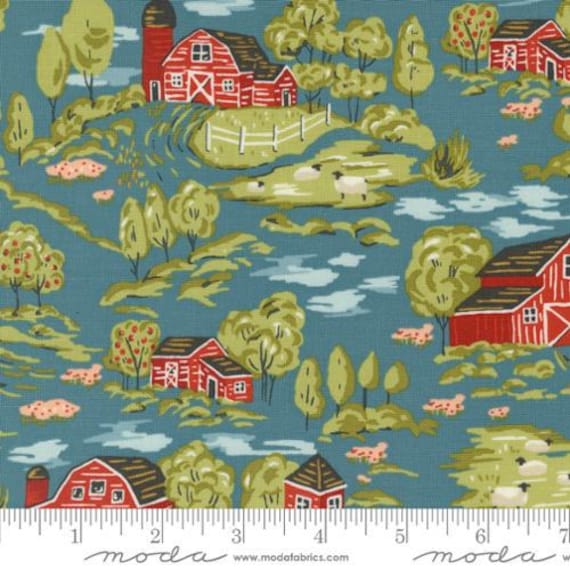 Farmstead, Vintage Farm Scene Landscape, in Overalls, 20901 15 Moda sold by the 1/2 yard or the yard