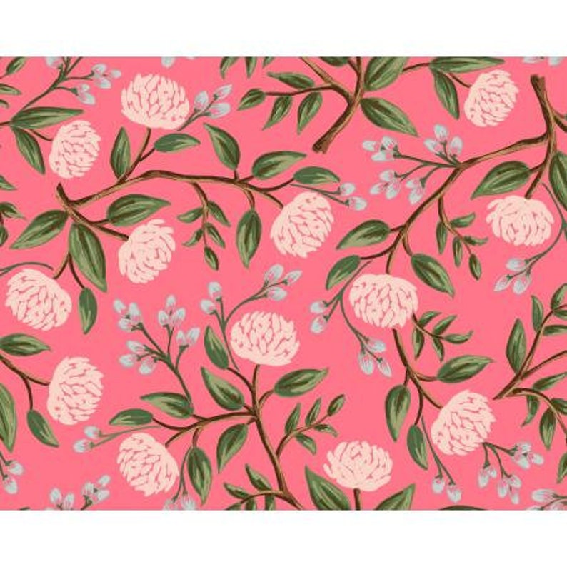 May include: Pink floral pattern with white peonies and green leaves. The pattern is repeated throughout the image.