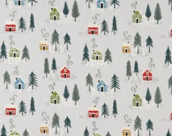 Snow Day Metallic Silver Snow Day Houses Yardage by Lewis and Irene, sold by the 1/2 Yard - Cut Continuously