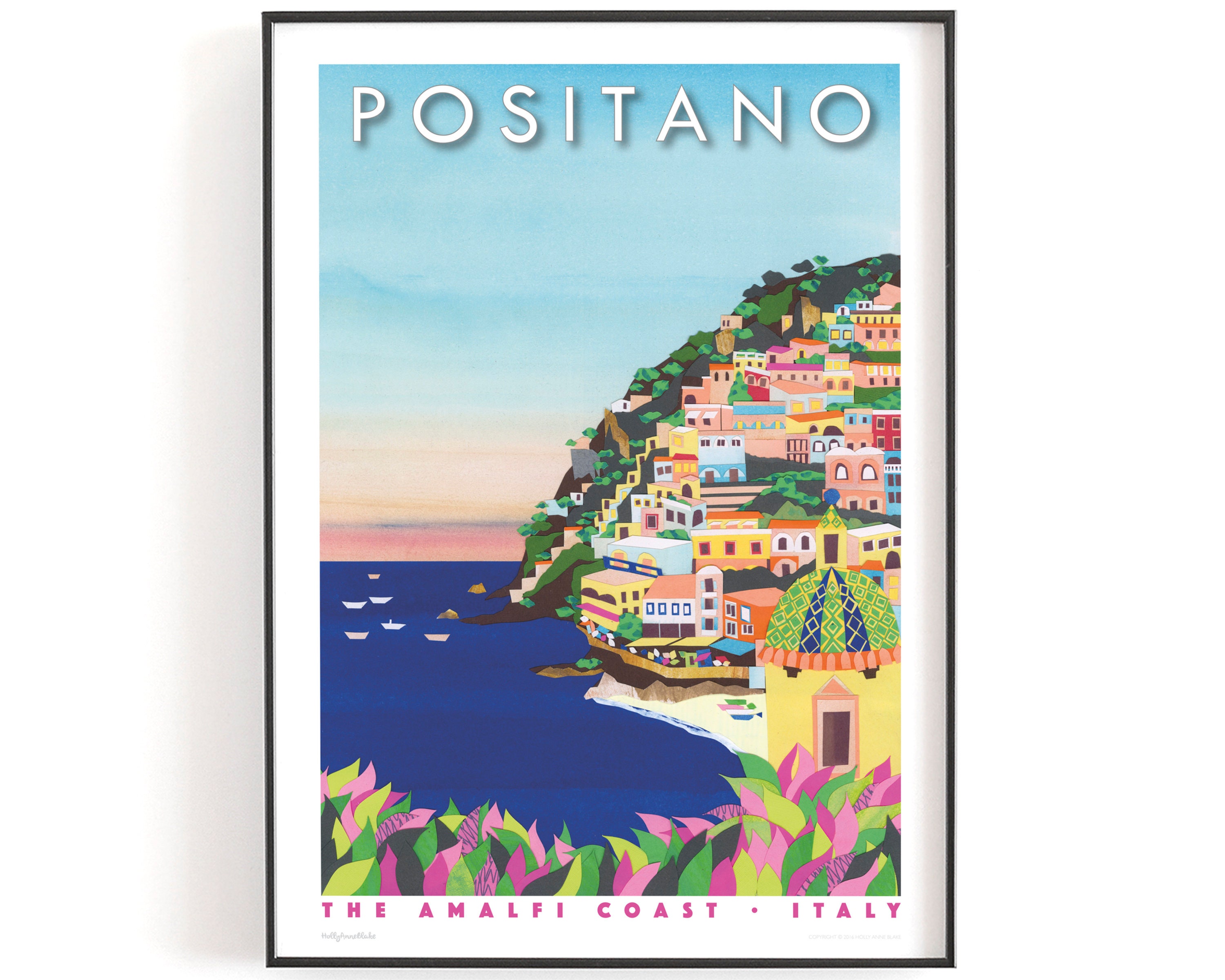 Positano Print A5 ou A4. Affiche de Voyage Italie | Amalfi Coast Print - France Positano Coucher Du 