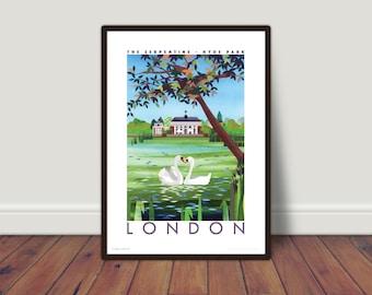 HYDE PARK PRINT A5 or A4. London Print | London travel poster | Hyde park travel poster | The Serpentine | Swan print