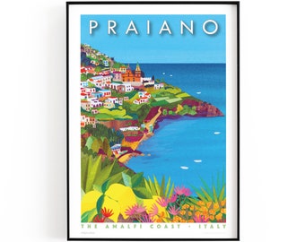 Praiano, Italia, impresión de la costa de Amalfi. Póster A3 con limones