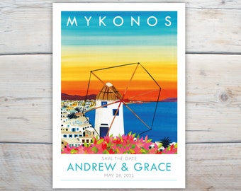 Mykonos save the dates, 5x7 inch card with sunset and greek windmill