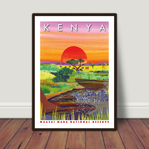 Safari animaux Kenyan art print, A3, Masai Mara, décor de pépinière safari, cadeau de voyage, art mural, cadeau pour mari, cadeau pour femme, imprimé zèbre