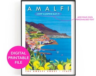 AMALFI, personalized travel art to print at home. A5, A4, A3, 5x7, 8x10, 16x20