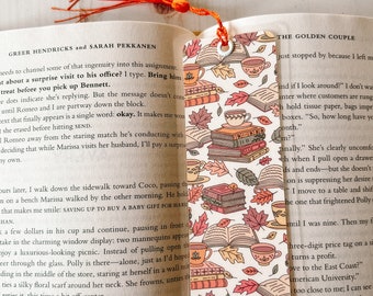Fall Books & Reading Bookmark | Leaves Bookmark | Autumn Bookmark | Tea Bookmark | Coffee Bookmark | Bookworm Gift | Gift for Reader