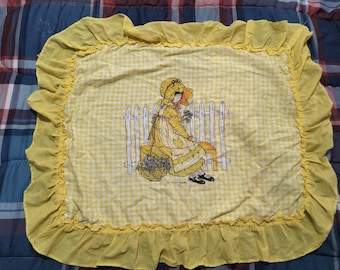 Vintage rare 1970s holly Hobbie yellow Gingham Pillow Sham! Made of Thin material! Please read listing carefully?!