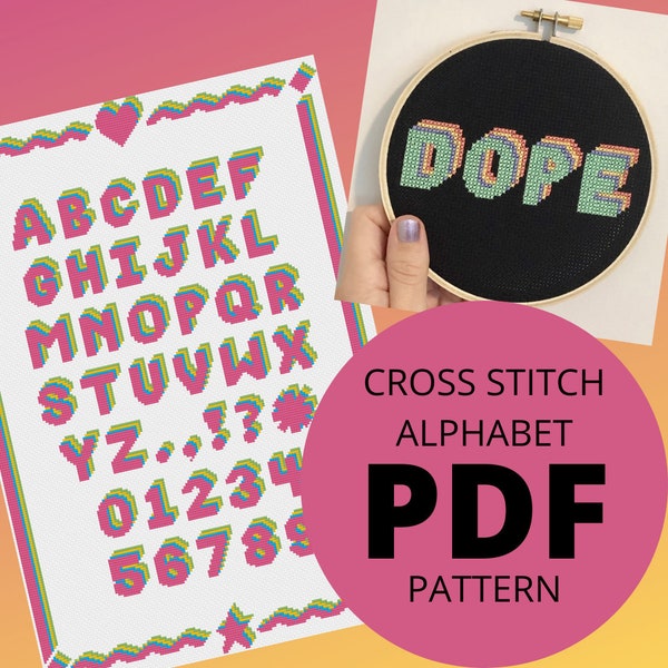 Instant Download Cross Stitch Alphabet Sampler PDF Pattern - DIY Cross Stitch Pattern - Hand Embroidery Font - Rainbow Font - Drop Shadow