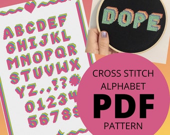 Instant Download Cross Stitch Alphabet Sampler PDF Pattern - DIY Cross Stitch Pattern - Hand Embroidery Font - Rainbow Font - Drop Shadow