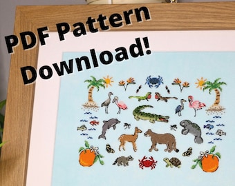 Wild Florida Cross Stitch Sampler Pattern - DIY Cross Stitch Pattern - Hand Embroidery Plants and Animals - Instant Download PDF Pattern