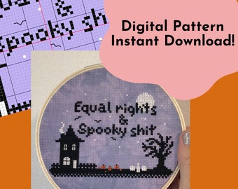 Puede incluir: Un aro de bordado de punto de cruz morado y negro con el texto "Equal rights & Spooky shit" y una silueta de una casa, un árbol y una luna.