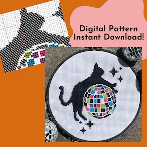 Instant Download Cross Stitch Pattern - DIY Cross Stitch Pattern - Disco Cat Cross Stitch - Disco Ball Cross Stitch - PDF Pattern - Rainbow