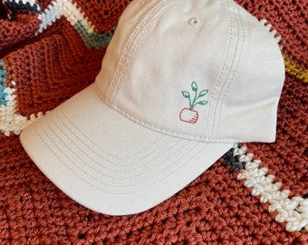 Hand Embroidered Plant Baseball Cap - Hand Embroidered Dad Hat - Potted Plant Hat - Houseplant Hat - Casual Baseball Hat - Handmade Hat