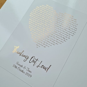 Foil heart  Valentines song lyric print, Wedding present, Anniversary first dance gift, paper anniversary, Father&#39;s Day, for her, rose gold