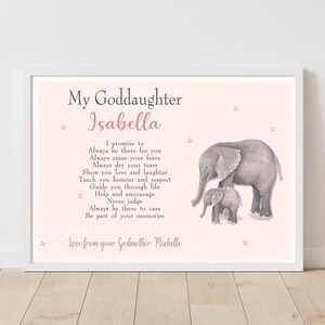 Christening gift, Naming day, Godparent personalised artwork, elephant, pink, baby girl, From the Godparents, Baptism print, Goddaughter