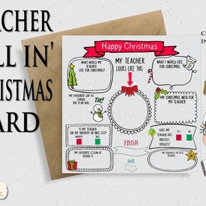 May include: A printable Christmas card for kids to fill out for their teacher. The card has a festive design with a snowman, a Christmas tree, and a candy cane. It includes prompts for the child to write about their favorite day at school, what they would like for Christmas, and what they wish for their teacher. The card also has a space for the child to draw a picture of their teacher.