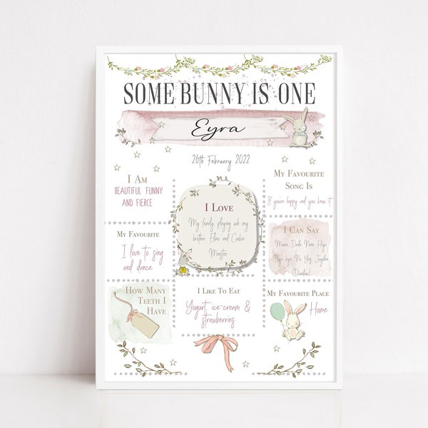 Some Bunny is one, Cake Smash Poster, 1. Geburtstag, rosa Hasen, Meilenstein personalisierter Babydruck, Andenken, erste Babyerinnerung
