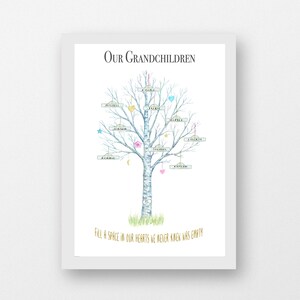 May include: A white birch tree with a blue trunk and branches. The tree is decorated with hearts, stars, and moons. Each branch has a name written on a small sign. The text at the top of the image reads "Our Grandchildren". The text at the bottom of the image reads "Fill a space in our hearts we never knew was empty".