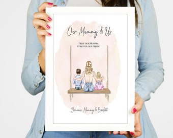 My Mummy and me print, Mother's Day gift, Mummy & Us, For Grandma, Grandparents gift, Family artwork, Family Portrait, watercolour, swing