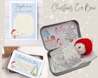 Personalised Christmas Eve Box Bear, Festive Wish Pocket Bear, Custom Xmas Gift, Stocking Filler, Christmas teddy