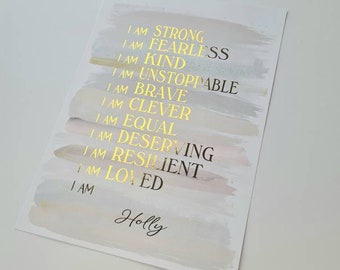 DAILY AFFIRMATIONS for teenagers foil, KIDS Personalized custom Positive Affirmation for children inspiration room Decor A4 print posters