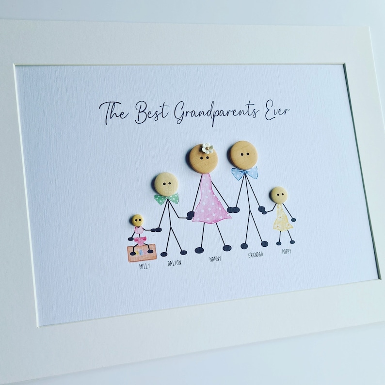 May include: A framed artwork featuring a family portrait made with buttons. The text "The Best Grandparents Ever" is at the top of the image. The family members are labeled "Molly", "Dalton", "Nanny", "Grandad", and "Poppy".