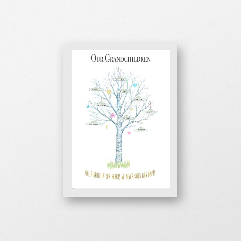 May include: A white birch tree with a blue trunk and branches. The tree is decorated with hearts, stars, and moons. Each branch has a name written on a small sign. The text at the top of the image reads "Our Grandchildren". The text at the bottom of the image reads "Fill a space in our hearts we never knew was empty".